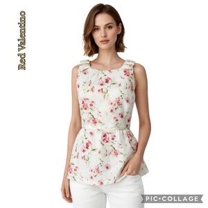 Red Valentino floral peplum top pink green back zip gathered sz 8 EU 46 nwt 🎉HP